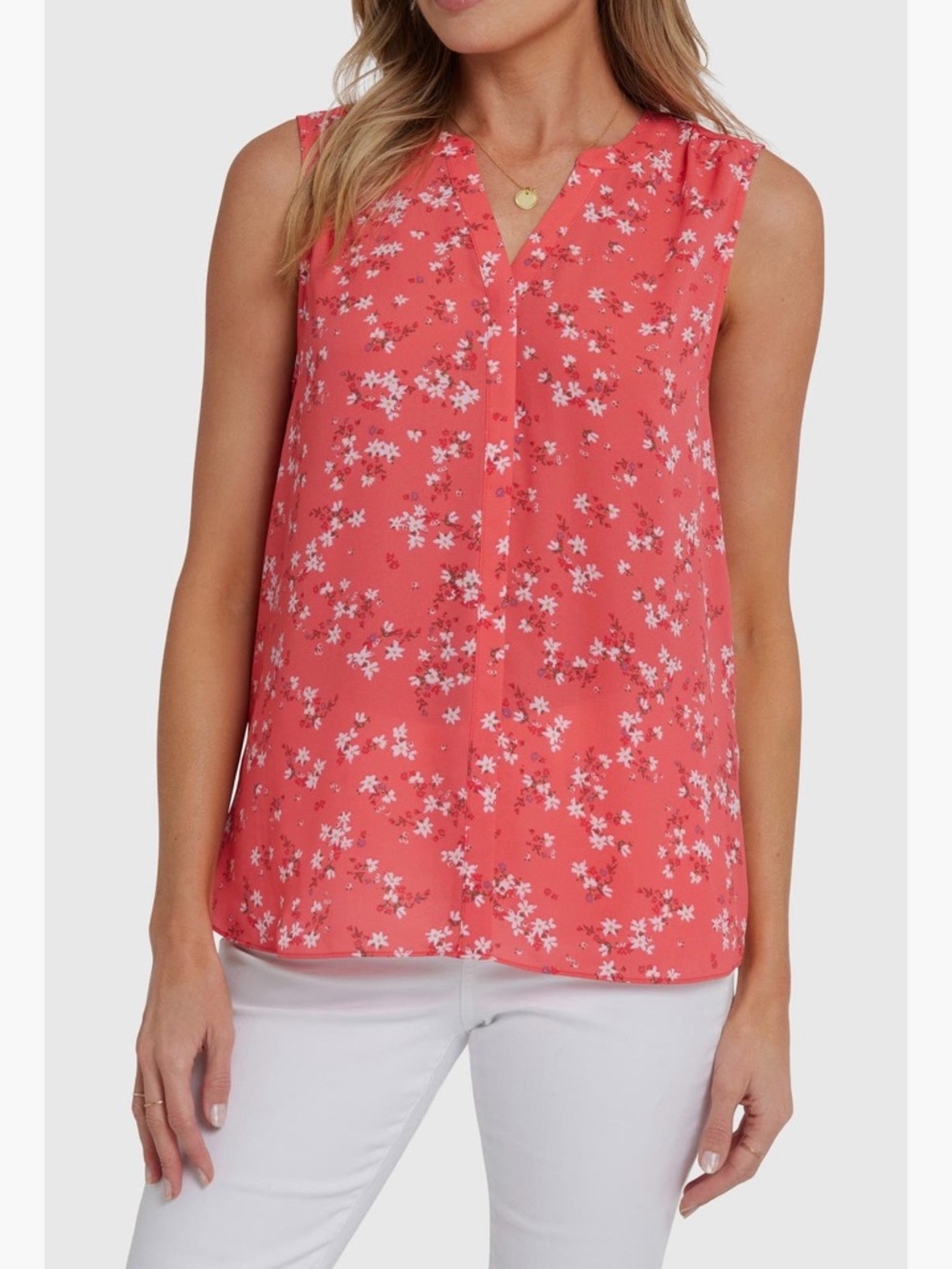 NYDJ Print Pleat Back Sleeveless Split Neck Blouse - Large